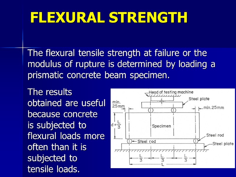 The flexural tensile strength at failure or the modulus of rupture is determined by